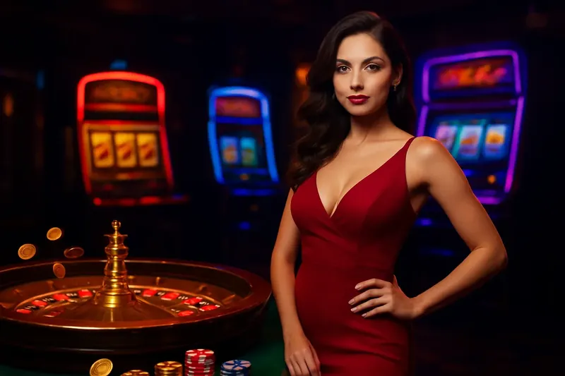 Elegant Casino Banner Beautiful woman in red dress standing confidently near roulette and slot machines with neon and gold accents in a luxury Bangladesh casino