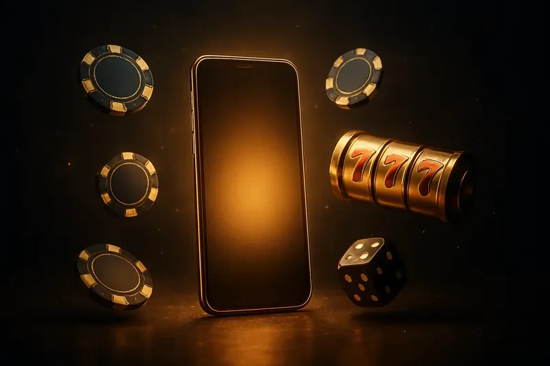 Casino Promo Banner Glowing smartphone surrounded by casino chips, slot reels, and dice on a dark luxurious background